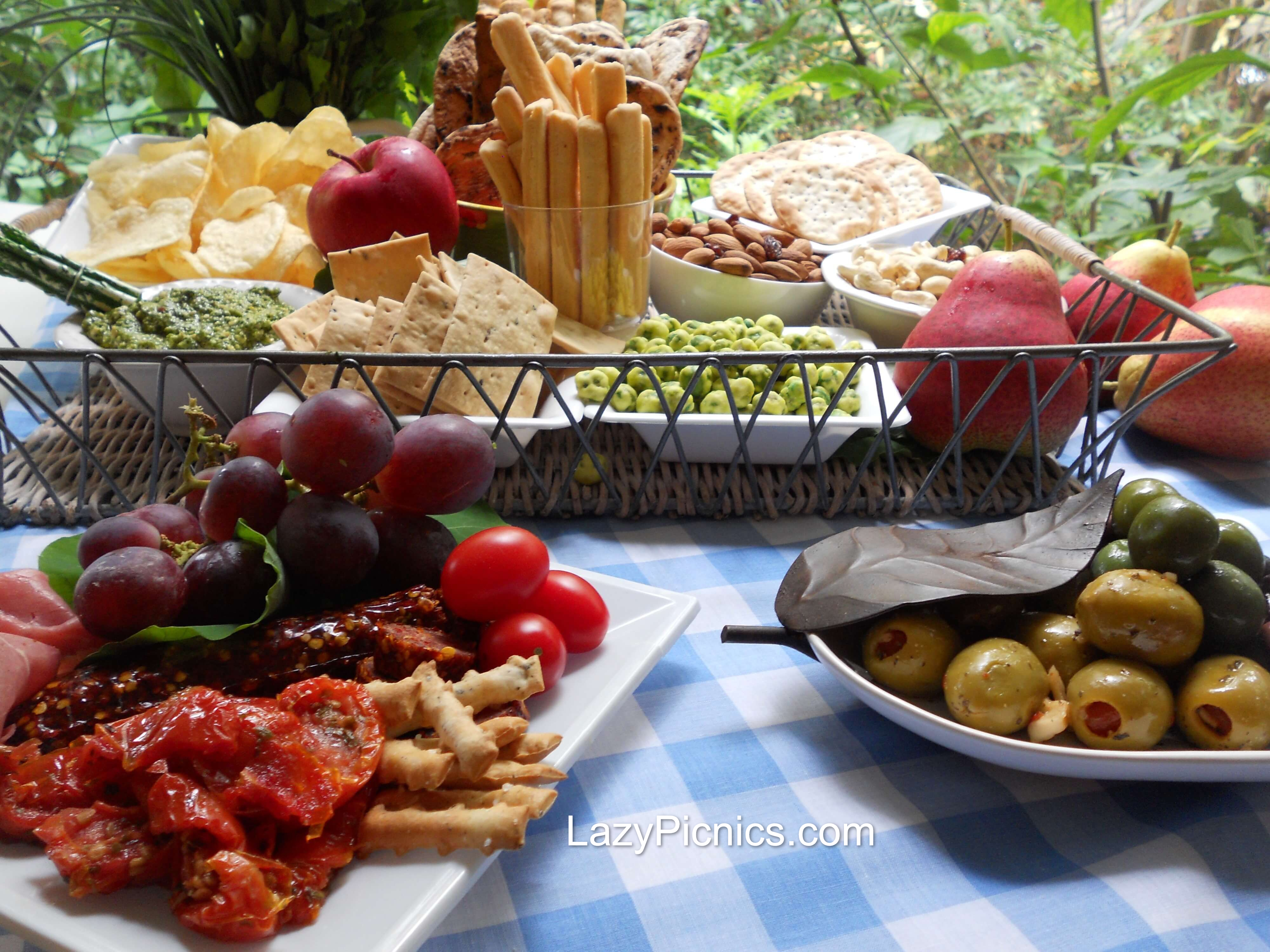 Platters of delicious easy appetizers ready for the picnic.