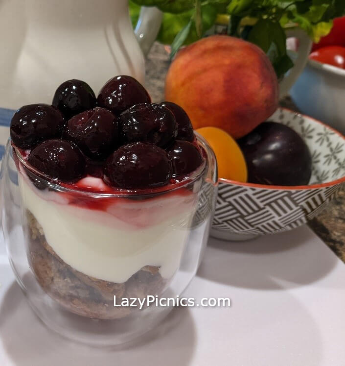 Dessert for a picnic with cherries on top