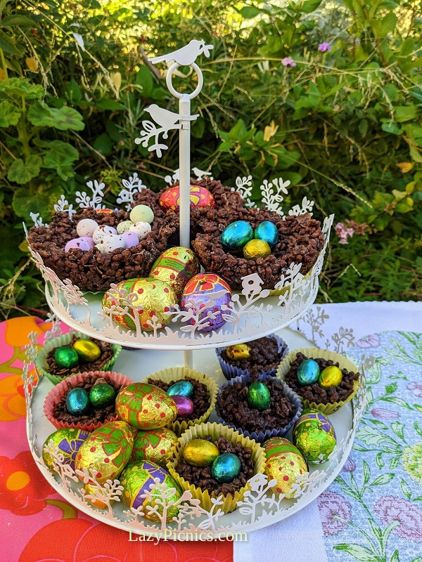 Easter egg nests filled with eggs, on a fun stand