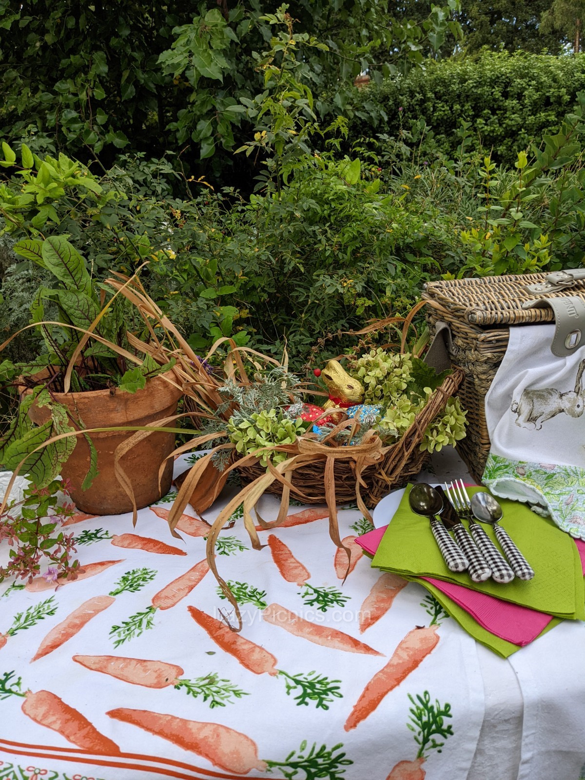 Easter table with carrot cloth ready to set up yummy food!
