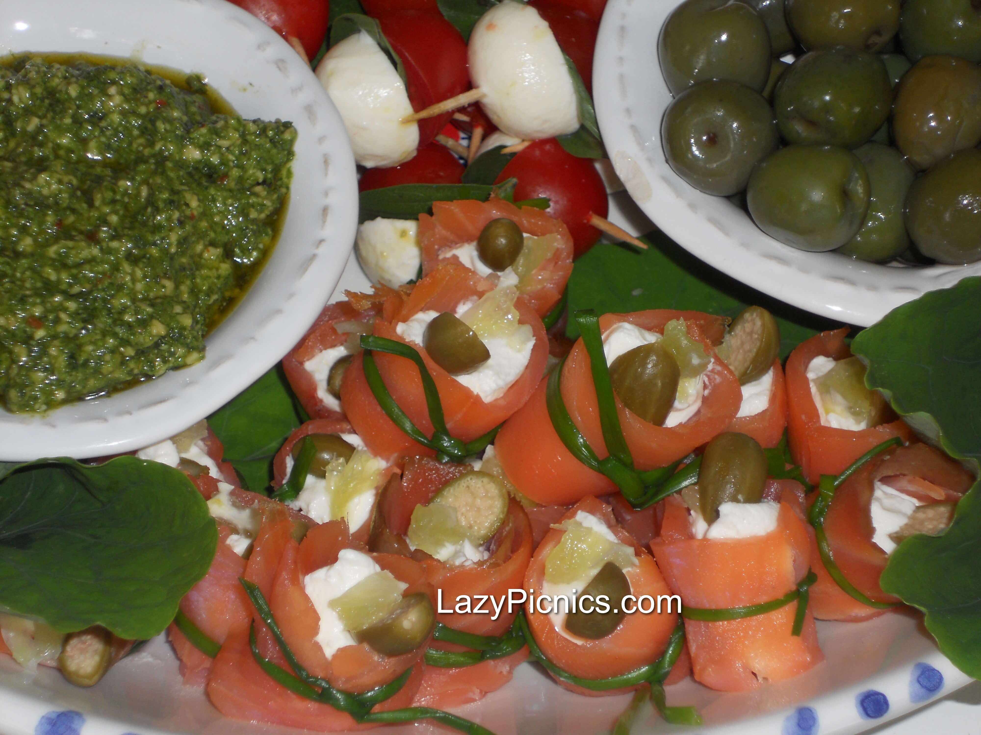 Smoked Salmon Wraps...  and pesto, on this platter of easy appetizer recipes