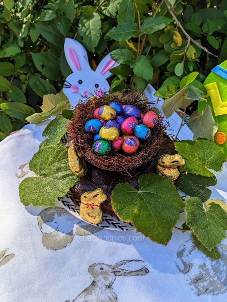 Easter cake with chocolate nest and eggs